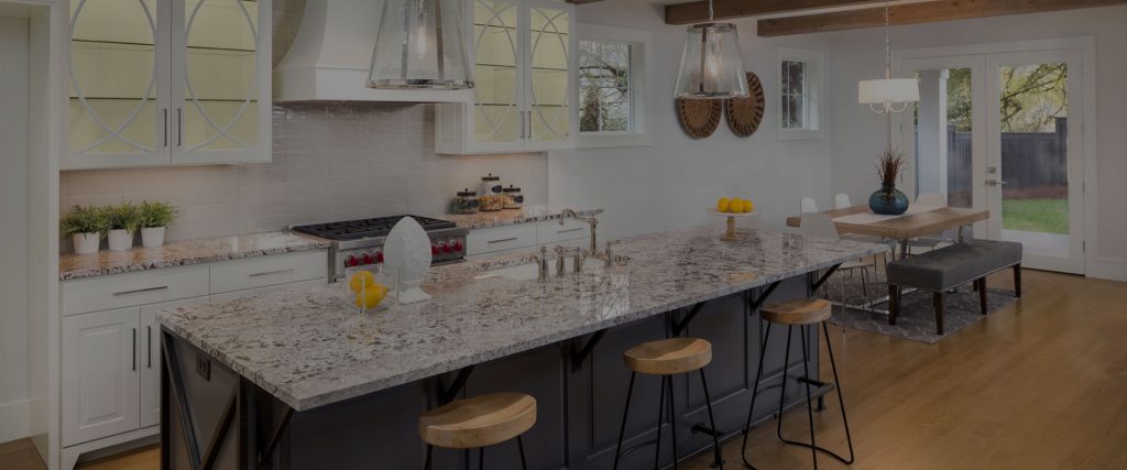 white granite breakfast bar with stools